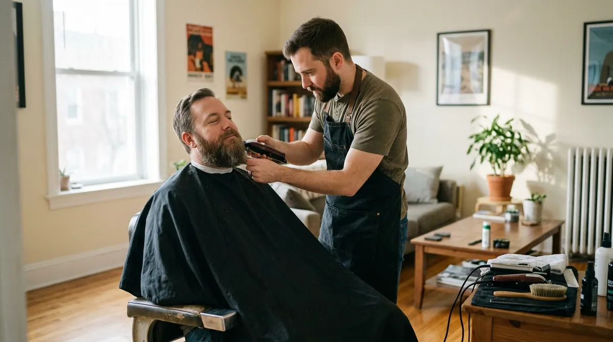 Barbier réalisant un rasage au domicile d’un client