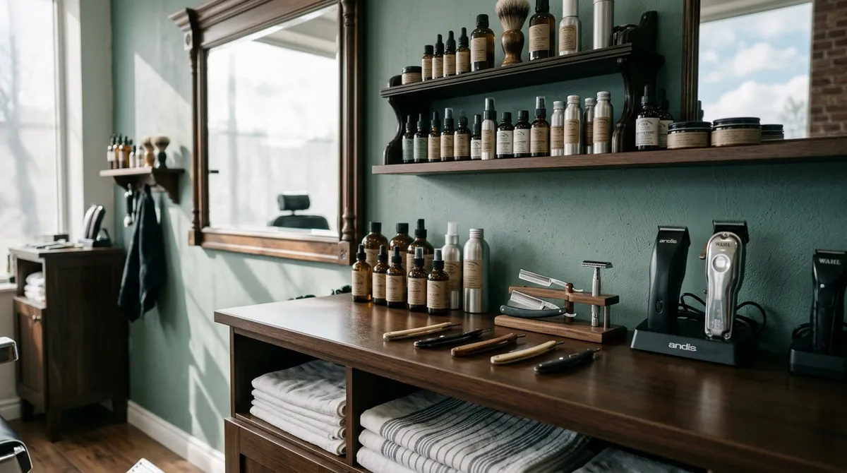 Comptoir et matériel dans un salon de barbier